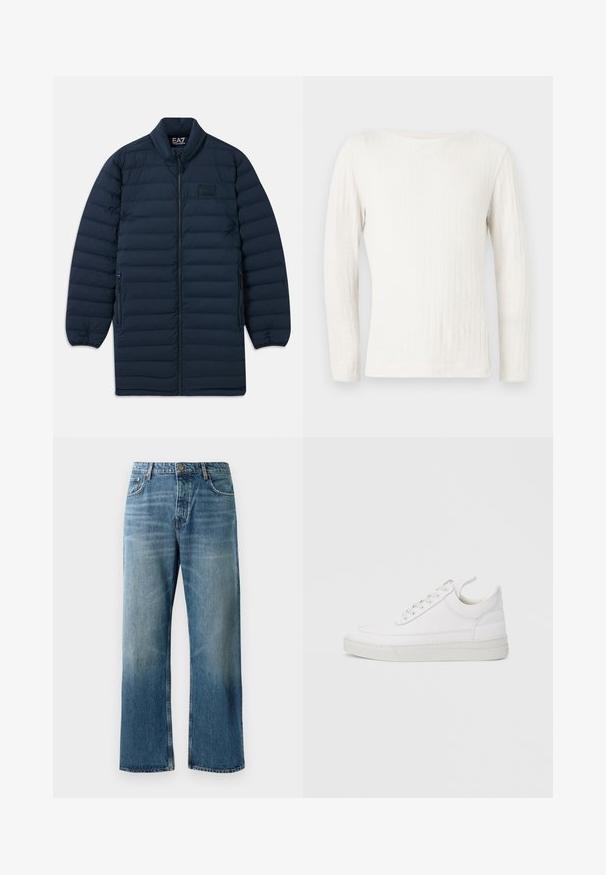 Marineblå lang pufferjakke med frontlynlås, ståkrave, lynlåsede sidelommer og subtilt EA7 Emporio Armani-logo på brystet.; Langærmet hvid ribstrikket sweater med rund halsudskæring, vist fladt mod en lys grå baggrund.; Lysblå brede jeans med en falmet vask, prydet med enkeltknaplukning, fem lommer og kontrastsyede detaljer.; Hvid lædersneaker med rundet tå, flad sål og snørebånd foran. Har syningsdetaljer og polstret krave for komfort.