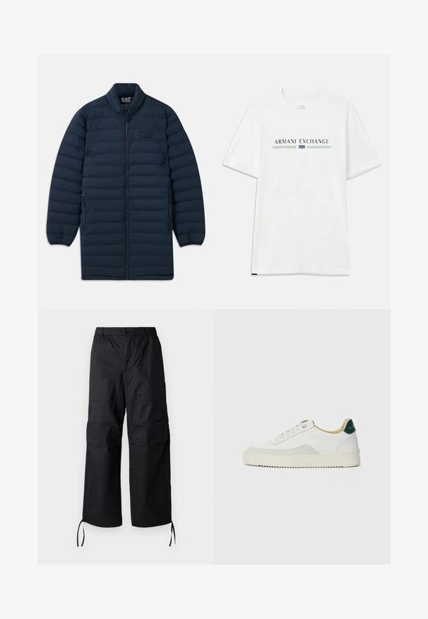 Tumedast sinine pikk puffjakker, millel on esiküljel lukku, seisva kraega, lukuga küljetaskud ja diskreetne EA7 Emporio Armani logo rinnal.; Valge puuvillane T-särk lühikeste varrukatega, millel on sinine ja roheline "ARMANI EXCHANGE" logo ning all keskpunktis "1991".; Mustad mustad püksid, mis on valmistatud kerge kangast, laia jalgadega, elastse vöökohtaga ja reguleeritavate nööridega sääreosades. Kaks küljetaskut.; Valged tennisjalanõud, millel on sametised aktsendid, ümar varvas, lame nöörid ja kreemjas kummine põhja. Hästi nähtav roheline bränding kannal.