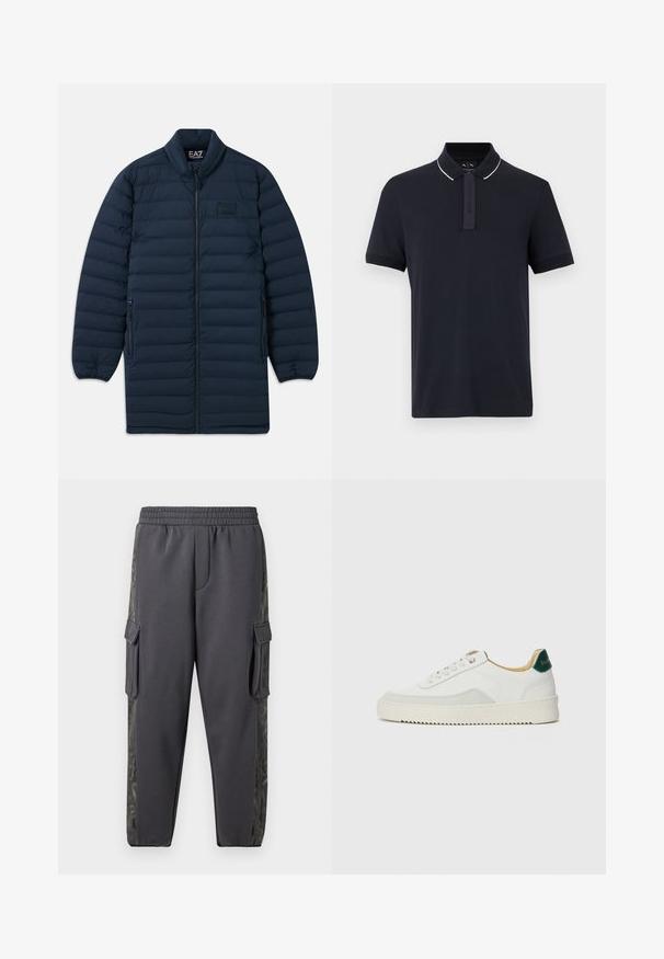Marineblå lang pufferjakke med frontlynlås, ståkrave, lynlåsede sidelommer og subtilt EA7 Emporio Armani-logo på brystet.; Marineblå kortærmet poloshirt med hvid kravekant og skjult knaplukning, vist på en neutral baggrund.; Grå joggebukser lavet af et blødt stof, med cargo-lommer og et mønstret sidepanel for ekstra detaljer. Elastisk talje inkluderet.; Hvide sneakers med ruskindsdetaljer, rund tå, flade snørebånd og en cremet gummisål. Har grøn branding på hælen.