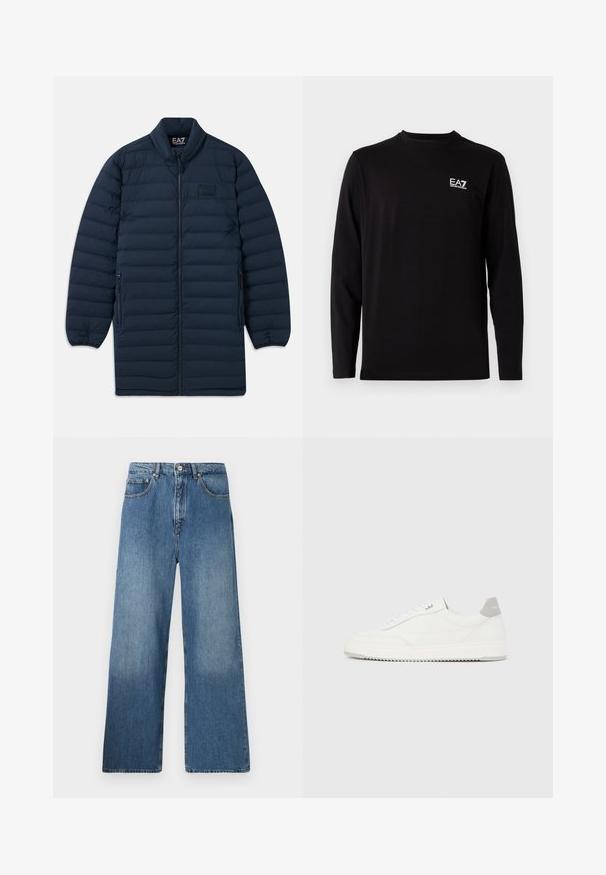 Námornícka modrá dlhá pérová bunda s predným zipsom, stojatým golierom, zipsovými bočnými vreckami a nenápadným logom EA7 Emporio Armani na hrudi.; Čierna košeľa s dlhým rukávom vyrobená z mäkkej tkaniny. Obsahuje malé biele logo na ľavej strane hrude. Jednoduchý, okrúhly výstrih a rovný strih.; Džíny s širokými nohavicami v modrej denimovej farbe ponúkajú klasický dizajn s piatimi vreckami, predným zapínaním na gombík a miernym osvetlením pre textúru.; Biela nízka teniska so sivým pätovým pásikom, bielymi šnúrkami a členitou podrážkou, zobrazená na jednoduchom svetlom pozadí.