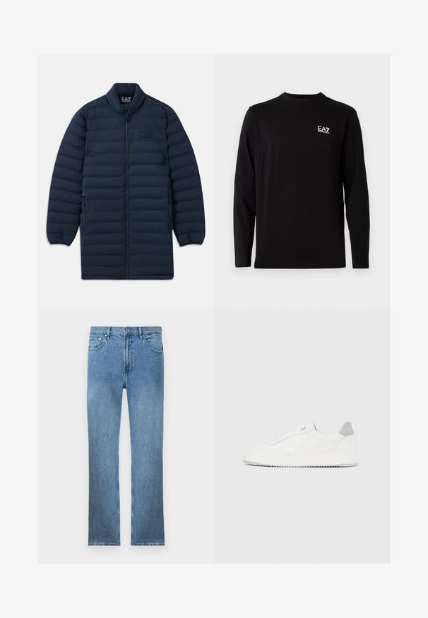 Námornícka modrá dlhá pérová bunda s predným zipsom, stojatým golierom, zipsovými bočnými vreckami a nenápadným logom EA7 Emporio Armani na hrudi.; Čierna košeľa s dlhým rukávom vyrobená z mäkkej tkaniny. Obsahuje malé biele logo na ľavej strane hrude. Jednoduchý, okrúhly výstrih a rovný strih.; Svetlomodré džínsy s rovnom strihom, piatimi vreckami, zipsom a kontrastným prešívaním. Tkanina má hladký, textúrovaný povrch.; Biela nízka teniska so sivým pätovým pásikom, bielymi šnúrkami a členitou podrážkou, zobrazená na jednoduchom svetlom pozadí.