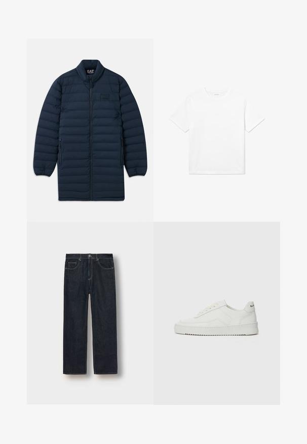 Marineblauwe lange pufferjas met een rits aan de voorkant, opstaande kraag, ritszakken aan de zijkanten en een subtiel EA7 Emporio Armani-logo op de borst.; Witte katoenen T-shirt met korte mouwen, een ronde halslijn en een rechte zoom. Glad textuur zonder zichtbare patronen of accenten.; Donkerblauwe straight-leg jeans van denimstof, met riemlussen, voorkanten en contrasterende stiksels. Minimalistisch ontwerp zonder versieringen.; Witte leren sneaker met een gladde afwerking, ronde neus, platte veters en een gestructureerde zool. Kenmerkt zich door een subtiel logo op de hiel.