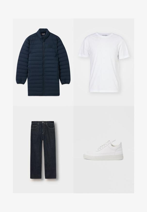 Marineblauwe lange pufferjas met een rits aan de voorkant, opstaande kraag, ritszakken aan de zijkanten en een subtiel EA7 Emporio Armani-logo op de borst.; Witte katoenen T-shirt met een ronde hals, korte mouwen en een rechte snit. Geen patronen of versieringen, gladde textuur en eenvoudig ontwerp.; Donkerblauwe straight-leg jeans van denimstof, met riemlussen, voorkanten en contrasterende stiksels. Minimalistisch ontwerp zonder versieringen.; Witte leren sneaker met een afgeronde neus, platte zool en veters aan de voorkant. Voorzien van stikseldetails en een gevoerde kraag voor comfort.