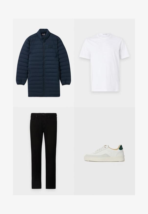 Marineblå lang pufferjakke med frontlynlås, ståkrave, lynlåsede sidelommer og subtilt EA7 Emporio Armani-logo på brystet.; Hvid bomulds t-shirt med rund halsudskæring og korte ærmer. Glat tekstur, lige snit og minimalistisk design uden mønstre eller accenter.; Sorte denim jeans med lige pasform, der har knaplukning, fem lommer og diskrete syninger. Blød tekstur og glat finish.; Hvide sneakers med ruskindsdetaljer, rund tå, flade snørebånd og en cremet gummisål. Har grøn branding på hælen.