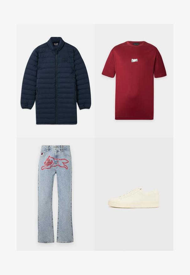 Marineblå lang pufferjakke med frontlynlås, ståkrave, lynlåsede sidelommer og subtilt EA7 Emporio Armani-logo på brystet.; Mørkerød T-shirt med korte ærmer og rund hals med lille sølvlogo placeret midt på brystet.; Lyseblå denimjeans med lige ben, med et stort rød, tegneserieagtigt kattegrafik på bagsiden og traditionel fem-lomme styling.; Sneaker i cremefarve med en glat læderoverdel, rundet tå, snørelukning foran og en tekstureret gummisål. Minimalistisk design uden logoer.