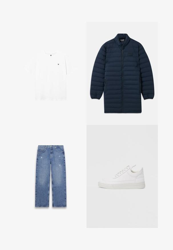 Abrigo largo de plumas azul marino con cremallera frontal, cuello alzado, bolsillos laterales con cremallera y sutil logotipo EA7 Emporio Armani en el pecho.; Camiseta blanca de manga corta con cuello redondo, con un pequeño logo circular que presenta una "W" negra en el área del pecho izquierdo.; Jeans azules de corte recto con ligero desgaste, diseño de cinco bolsillos, cierre de botón y cremallera, mostrados planos sobre un fondo blanco.; Zapatilla blanca de cuero con punta redondeada, suela plana y cierre de cordones. Presenta detalles de costuras y un cuello acolchado para mayor comodidad.