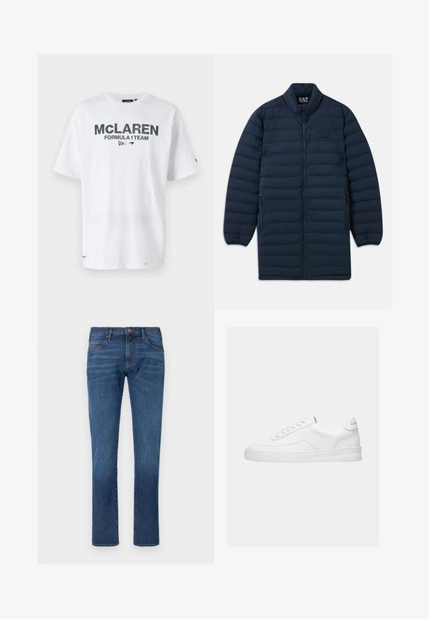 Námornícka modrá dlhá pérová bunda s predným zipsom, stojatým golierom, zipsovými bočnými vreckami a nenápadným logom EA7 Emporio Armani na hrudi.; Biela bavlnená tričko s brandingom McLaren Formula v čiernej farbe. Krátke rukávy, klasický výstrih a malá logová detaile pri leme.; Modré riflové nohavice so strihom priamo na nohe, s klasickým dizajnom piatich vreciek a zapínaním na gombíky. Jemné blednutie cez textúru látky.; Biela nízka teniska so šnurovacím dizajnom, hladkým koženým zvrškom a hrubou podrážkou, zobrazená z bočného pohľadu na jednoduchom pozadí.