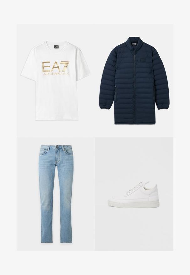 Tumedast sinine pikk puffjakker, millel on esiküljel lukku, seisva kraega, lukuga küljetaskud ja diskreetne EA7 Emporio Armani logo rinnal.; Valge puuvillane T-särk, millel on suur kuldne metallik "EA7" logo ja "EMPORIO ARMANI" tekst allpool, lühikesed varrukad ja ümmargune kaelus.; Heledat sinist sirge säärega teksapüksid eest taskute, vööaasade ja nööpidega kinnitusega plaanilisel taustal.; Valge nahast tennisking ümarate varvastega, tasase tallaga ja eespaelaga. Omab õmbluste detaile ning pehmet ääreosa mugavuse tagamiseks.