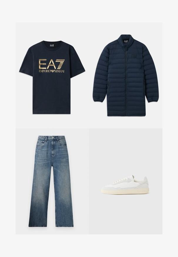 Námornícka modrá dlhá pérová bunda s predným zipsom, stojatým golierom, zipsovými bočnými vreckami a nenápadným logom EA7 Emporio Armani na hrudi.; Námornícky modré bavlnené tričko s veľkým zlatým potlačeným logom "EA7" a textom "EMPORIO ARMANI" vpredu. Okrúhly výstrih a krátke rukávy.; Modré rifľové nohavice s širokými nohavicami a vysokým pásom, s jemným zosvetlením, piatimi vreckami a kovovým zapínaním vpredu.; Biela teniska s jemne štruktúrovaným zvrškom zo semišu a kože. Má zaoblenú špičku, viazanie na šnúrky a kontrastnú béžovú gumovú podrážku.