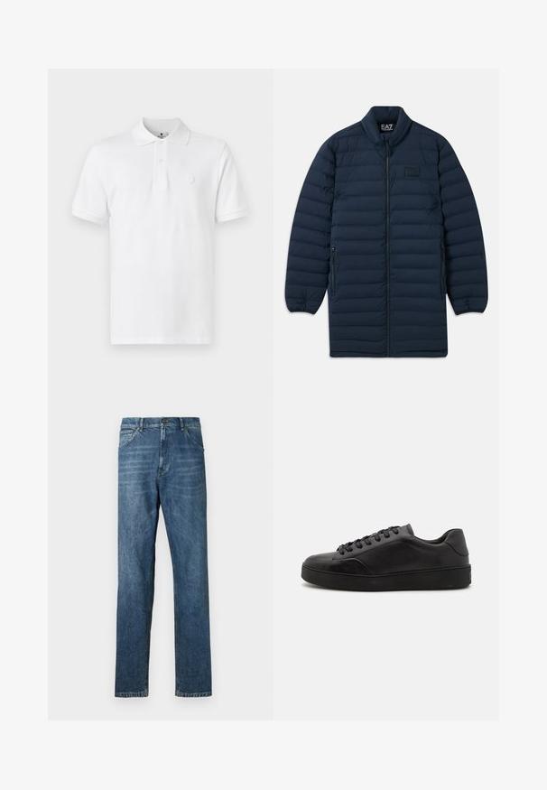 Marineblå lang pufferjakke med frontlynlås, ståkrave, lynlåsede sidelommer og subtilt EA7 Emporio Armani-logo på brystet.; Hvid polo shirt lavet af bomuld, med en klassisk krave, korte ærmer og et diskret logo broderet på brystet.; Mørkeblå denim jeans med lige ben, fem-lomme design, synlig syning og en klassisk knaplukning. Let vaskeeffekt på stoffet.; Sorte lædersneakers med rund tå, flad sål og traditionel snøring. Har en glat tekstur og diskrete detaljer på siden.