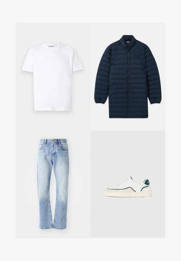 Abrigo largo de plumas azul marino con cremallera frontal, cuello alzado, bolsillos laterales con cremallera y sutil logotipo EA7 Emporio Armani en el pecho.; Camiseta blanca de algodón con cuello redondo y mangas cortas. Presenta un pequeño logo en relieve en el lado izquierdo del pecho. Textura suave.; Jeans de mezclilla azul claro con corte recto. Presenta un diseño de cinco bolsillos, cierre de botón y una textura deslavada hacia la parte inferior.; Zapatilla baja blanca con detalles en verde, gamuza beige y suela de color crema con un fondo estriado.