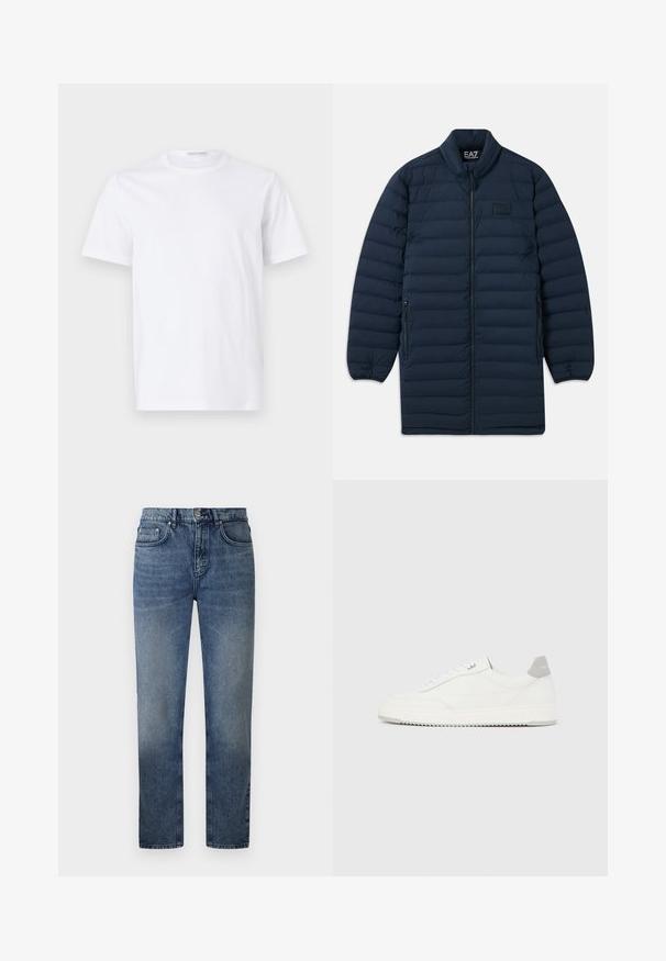 Marineblauwe lange pufferjas met een rits aan de voorkant, opstaande kraag, ritszakken aan de zijkanten en een subtiel EA7 Emporio Armani-logo op de borst.; Witte katoenen t-shirt met een ronde hals en korte mouwen. Gladde textuur, rechte snit en minimalistisch ontwerp zonder patronen of accenten.; Blauwe denim jeans met een rechte pasvorm, vijf zakken, een metaalknopsluiting en lichte vervaging op de dijen. Klassieke stikdetaillering overal.; Witte lage sneaker met grijze hielpatch, witte veters en een gestructureerde zool, gepresenteerd op een effen lichte achtergrond.