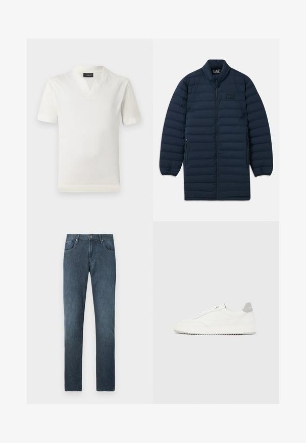 Námornícka modrá dlhá pérová bunda s predným zipsom, stojatým golierom, zipsovými bočnými vreckami a nenápadným logom EA7 Emporio Armani na hrudi.; Biela krátka tričko s krátkymi rukávmi a výstrihom do V, vyrobené z jemného materiálu. Jednoduchý, rovný strih bez vzorov alebo ďalších akcentov.; Tmavomodré rifle z denimu s rovnými nohavicami, piatimi vreckami, zapínaním na predné gombíky a jemnými švami.; Biela nízka teniska so sivým pätovým pásikom, bielymi šnúrkami a členitou podrážkou, zobrazená na jednoduchom svetlom pozadí.