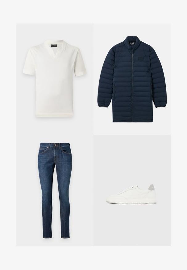 Marineblauwe lange pufferjas met een rits aan de voorkant, opstaande kraag, ritszakken aan de zijkanten en een subtiel EA7 Emporio Armani-logo op de borst.; Witte t-shirt met korte mouwen en een v-hals ontwerp, gemaakt van een zachte stof. Eenvoudige, rechte snit zonder patronen of extra accenten.; Donkerblauwe denim jeans met een slim fit, vijf zakken en contrasterende stiksels. De stof heeft een gladde textuur en een lichte glans.; Witte lage sneaker met grijze hielpatch, witte veters en een gestructureerde zool, gepresenteerd op een effen lichte achtergrond.