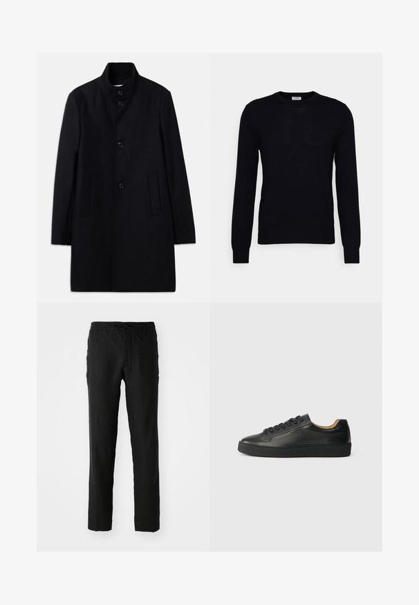 Sort uldfrakke med høj krave, der har seks frontknapper, to sidelommer og en lige skæring. Glat tekstur.; Sort langærmet sweater lavet af blødt strikket materiale. Rund halsudskæring, ribbede manchetter og kant. Minimalistisk design uden synlige mønstre eller knapper.; Sorte linnedbukser med elastisk talje og snor. Lige ben-design og glat tekstur. Velegnet til afslappet brug.; Sorte lavtop lædersneakers med tekstureret overflade, sorte snørebånd og tyk gummisål, vist fra siden på en lys baggrund.