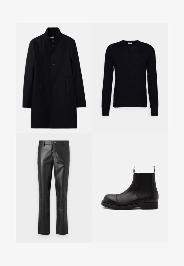 Sort uldfrakke med høj krave, der har seks frontknapper, to sidelommer og en lige skæring. Glat tekstur.; Sort langærmet sweater lavet af blødt strikket materiale. Rund halsudskæring, ribbede manchetter og kant. Minimalistisk design uden synlige mønstre eller knapper.; Sorte læderbukser med en glat overflade, lige ben-design og diskrete stikninger langs sømmene. Har en knaplukning i taljen.; Sort læder Chelsea-støvle med rund tå, elastiske sidepaneler, stropper foran og bagpå, flad sål, vist fra siden på hvid baggrund.