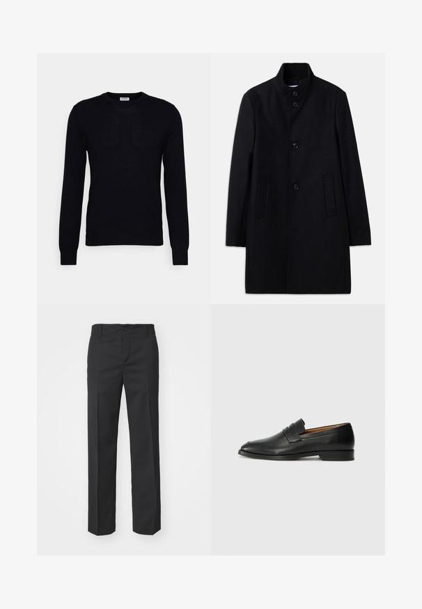 Sort uldfrakke med høj krave, der har seks frontknapper, to sidelommer og en lige skæring. Glat tekstur.; Sort langærmet sweater lavet af blødt strikket materiale. Rund halsudskæring, ribbede manchetter og kant. Minimalistisk design uden synlige mønstre eller knapper.; Filippa K TROY TROUSERS - Bukser - black; Sort læder loafer med rund tå, diskret syning, og lav hæl, der har en glat tekstur og minimalistisk design.