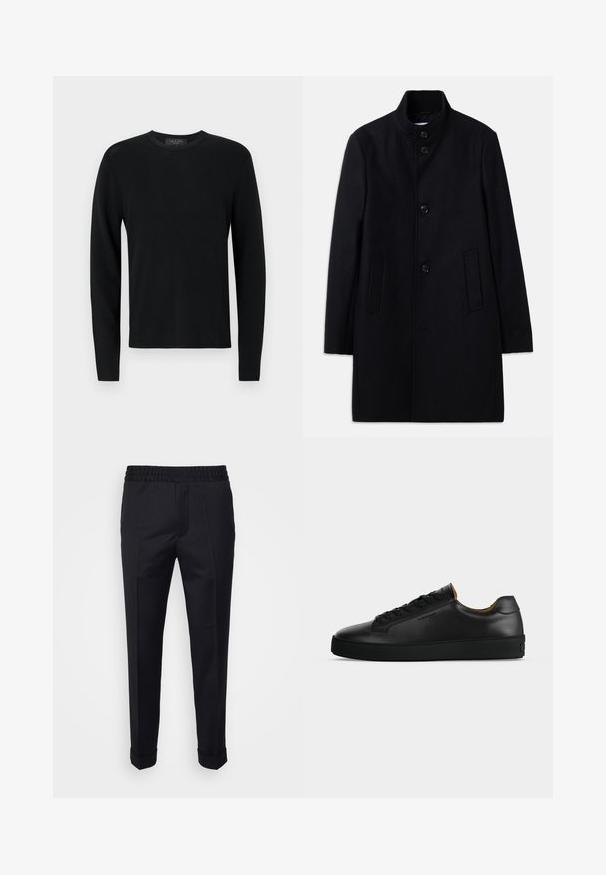 Manteau en laine noir avec un col haut, présentant six boutons à l'avant, deux poches latérales et une coupe droite. Texture lisse.; Pull longs en coton noir avec une texture côtelée, col rond et manches ajustées. Design uni sans motifs ni accents.; Pantalon noir en tissu léger, avec une taille élastique, des poches latérales et des poignets roulés. Texture lisse avec des plis à l'avant.; Basket basse en cuir noir avec lacets noirs, semelle en caoutchouc texturée et petit logo embossé sur le côté, présenté de profil sur fond gris.