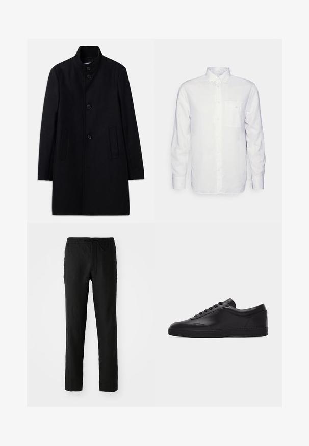 Manteau en laine noir avec un col haut, présentant six boutons à l'avant, deux poches latérales et une coupe droite. Texture lisse.; Chemise blanche à manches longues en coton, avec un col à rabat, une poche avant et une coupe régulière. Tissu texturé avec une surface lisse.; Pantalons en lin noirs avec taille élastique et cordon de serrage. Conception à jambe droite et texture lisse. Convient pour un usage décontracté.; Baskets basses en cuir noir avec lacets sur le devant et semelle en caoutchouc plate, vues de côté sur un fond blanc uni.