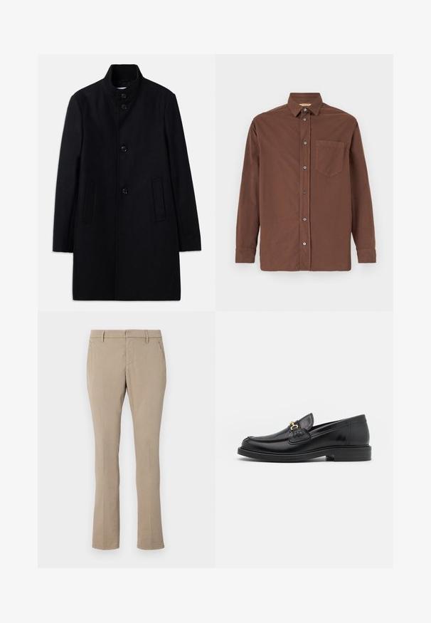 Manteau en laine noir avec un col haut, présentant six boutons à l'avant, deux poches latérales et une coupe droite. Texture lisse.; Chemise brune à boutons avec un col, des manches longues, une poche poitrine unique et des boutons gris, fabriquée à partir d'un tissu texturé.; Pantalons beige en mélange de coton, présentant une coupe slim, une jambe droite, des poches avant et une fermeture éclair avec bouton.; Mocassins en cuir noir avec un embout rond, présentant des accents en métal doré et des détails de couture, montés sur une semelle en caoutchouc texturé et basse.