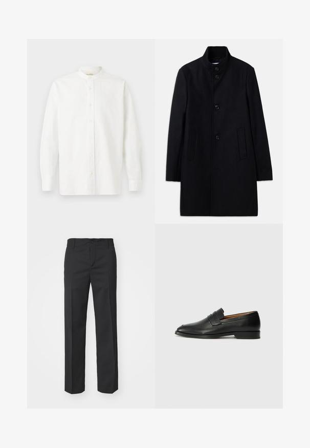 Sort uldfrakke med høj krave, der har seks frontknapper, to sidelommer og en lige skæring. Glat tekstur.; CLOSED COLLARLESS SHIRT - Skjorter - white; Filippa K TROY TROUSERS - Bukser - black; Sort læder loafer med rund tå, diskret syning, og lav hæl, der har en glat tekstur og minimalistisk design.