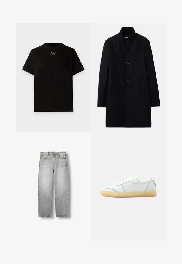 Sort uldfrakke med høj krave, der har seks frontknapper, to sidelommer og en lige skæring. Glat tekstur.; Sort bomulds T-shirt med korte ærmer, rund halsudskæring og en sølvlogo detalje på brystet. Glat tekstur og afslappet pasform.; Lysegrå jeans med lige ben, forlommer, bæltestropper og knaplukning, vist fladt mod en hvid baggrund.; Hvid lavtop læder sneaker med beige gennemsigtig sål, snørelukning foran og minimal syning, vist fra siden mod en ensfarvet baggrund.