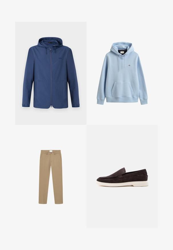 Marineblauwe lichtgewicht jas met een capuchon, volledige rits en elastische manchetten. Beschikt over een minimalistisch ontwerp en een subtiele logo op de borst.; Lichtblauwe hoodie met voorvak, verstelbare trekkoordkap, geribde boorden en zoom en een klein geborduurd logo op de borst.; Beige broek met een gladde textuur, rechte pijpdesign, voorzakken en een knoopsluiting. Label zichtbaar bij de taille.; Donkerbruine suède instapschoen met witte rubberen zool, gestikte details en lage hak, zijaanzicht op een witte achtergrond.