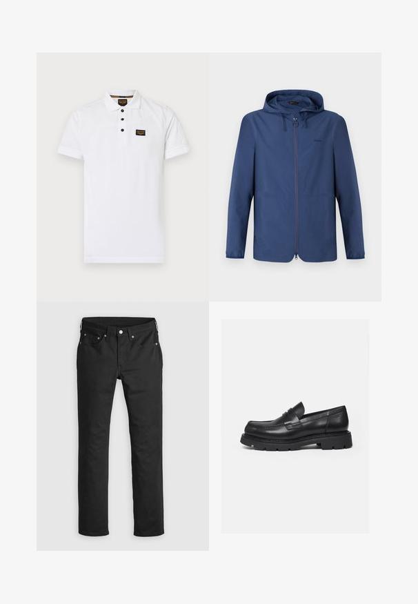 Dunkelblaue, leichte Jacke mit Kapuze, praktischem Reißverschluss und elastischen Bündchen. Verfügt über ein minimalistisches Design und ein dezentes Logo auf der Brust.; Weißes Poloshirt aus strukturiertem Baumwollstoff, mit einem Drei-Knopf-Verschluss, kurzen Ärmeln und einem schwarzen Logo-Patch auf der Brust.; Schwarze Jeanshose mit geradem Bein, ausgestattet mit einem Reißverschluss, fünf Taschen und Metallknopf-Akzenten. Glatte Textur.; Schwarzer Lederloafer mit dicker, profilierter Sohle und Pennyriemen-Detail, von der rechten Seitenansicht auf weißem Hintergrund gezeigt.