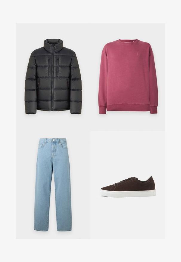 TOM TAILOR SPORTY PUFFER - Vinterjakker - black; Langærmet crewneck sweatshirts i vaskede rose farve med ribstrikkede manchetter og forkant, samt et subtilt broderet logo på venstre bryst.; Lyseblå vide jeans lavet af denim, med frontknaplukning, traditionelt fem-lommer design og en afslappet pasform.; Mørkebrune ruskind lave sneakers med matchende snørebånd og tyk hvid gummisål, vist fra siden på en ensfarvet baggrund.