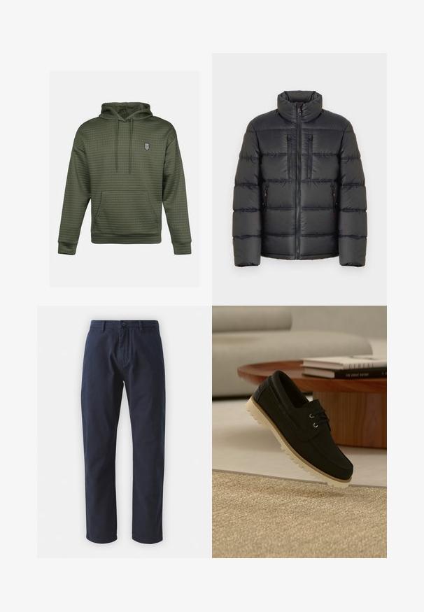 TOM TAILOR SPORTY PUFFER - Vinterjakker - black; Oliven grøn hættetrøje med quiltet tekstur, en central kengurulomme og et lille broderet logo på brystet. Justerbar snøre i huen.; Marineblå bomuldsbukser med lige ben, frontlukning med knap og bæltestropper. Glat tekstur og minimalistisk design.; Sort moccasin-lignende sko med beige robust sål, der svæver over beige vævet tæppe, rundt træbord med stablede bøger i baggrunden.