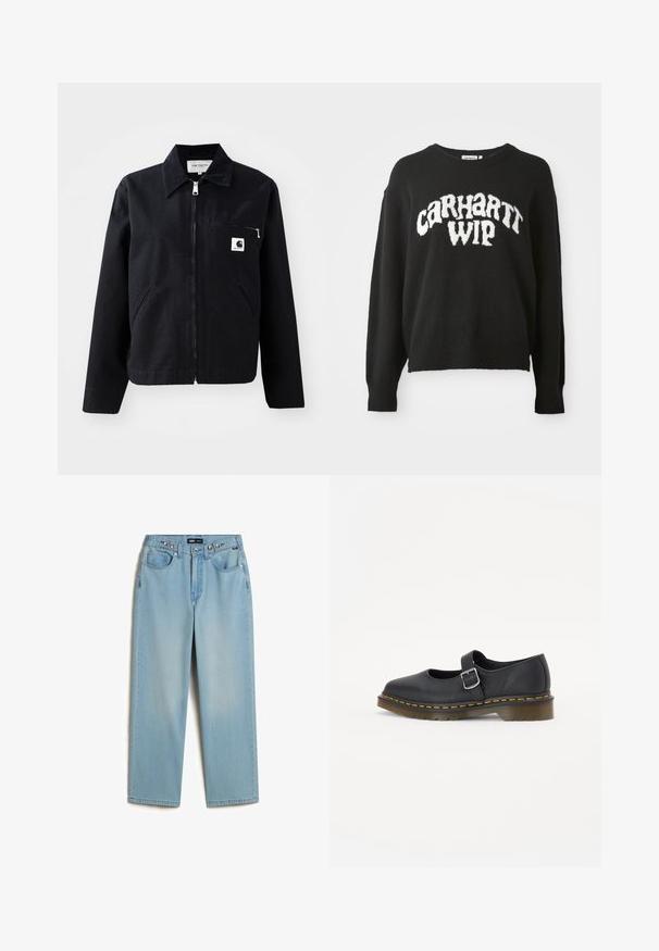 Schwarze Canvasjacke mit Reißverschluss, Kragen, zwei Seitentaschen und einer Brusttasche. Verfügt über ein kleines weißes quadratisches Logo auf der Tasche.; Schwarzer Strickpullover mit lockerer Passform, Rundhalsausschnitt und weißem "CARHARTT WIP"-Logo auf der Vorderseite. Weicher Stoff, lange Ärmel.; Vans CINCHED CHECK - Baggy Jeans - light stonewash; Schwarze Leder-Mary-Jane-Schuhe mit abgerundetem Zeh, verstellbarem Schnallenverschluss, gelben Nähten und einer dicken braunen Gummisohle.