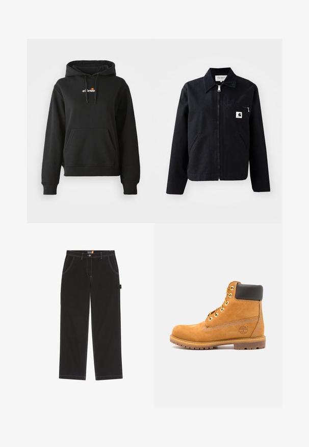 Zwarte canvasjas met een rits aan de voorkant, kraag, twee zijzakken en een borstzak. Heeft een klein wit vierkant logo op de zak.; Zwarte hoodie met een voorzak, capuchon met trekkoord en een klein kleurrijk logo op de borst. Gemaakt van gladde, zachte stof met geribbelde manchetten.; Zwarte broek gemaakt van duurzaam stof, met contrasterende stiksels, twee voorzakken, een enkele zijzak en een knoopsluiting.; Bruine leren enkelboot met zwarte voering, gouden oogjes en een gestructureerde zool. Kenmerkt zich door een cirkelvormig logo aan de zijkant en stikselaccenten.