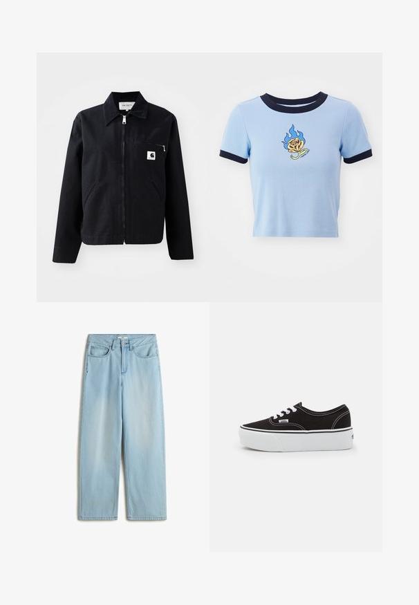 Schwarze Canvasjacke mit Reißverschluss, Kragen, zwei Seitentaschen und einer Brusttasche. Verfügt über ein kleines weißes quadratisches Logo auf der Tasche.; Hellblaues kurzärmeliges Crop-Top mit navyfarbenem geripptem Kragen. Mit einer flammenbestickten gelben Rose und darunterstehendem Text. Weicher Stoff.; Helles blaugraues, hoch geschnittenes, weit geschnittenes Jeansmodell aus Denim, mit fünf Taschen, einem Reißverschluss und subtilen Verfärbungen an den Beinen.; Schwarze Leinensneaker mit einer weißen Gummiplattformsohle, weißen Schnürsenkeln und Nähten, ikonischer Markenaufdruck an der Seite, im Low-Top-Design.
