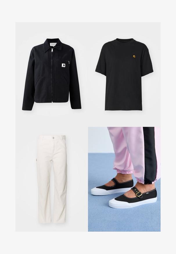 Sort canvasjakke med lynlås foran, krave, to sidelommer og en brystlomme. Har et lille hvidt firkantet logo på lommen.; Sort bomulds T-shirt med en afslappet pasform. Har en rund halsudskæring og korte ærmer. Inkluderer et lille guld broderet logo på brystet.; Hvide bomulds cargo bukser med lige ben, der har sidelommer og knaplukning i taljen. Glat tekstur.; Sorte lærredssko med en hvid sål, der har et udskæringsdesign og et guldspænde. Bæret med lyserøde træningsbukser.