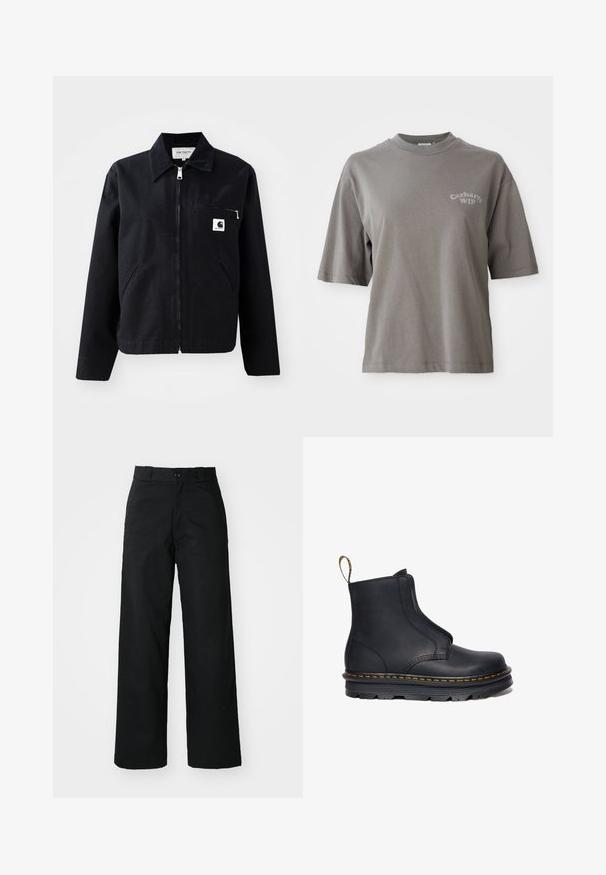 Schwarze Canvasjacke mit Reißverschluss, Kragen, zwei Seitentaschen und einer Brusttasche. Verfügt über ein kleines weißes quadratisches Logo auf der Tasche.; Grauer Baumwoll-T-Shirt mit kurzen Ärmeln, Rundhalsausschnitt und einem kleinen Carhartt WIP-Logo auf der Vorderseite gedruckt. Glatte Textur, lässige Passform.; Schwarze weit geschnittene Hose mit flachem Vorderteil, Knopfverschluss und Gürtelschlaufen. Hergestellt aus strapazierfähigem Stoff mit glatter Textur.; Schwarze Leder-Stiefelette mit elastischen seitlichen Einsätzen, runder Zehenform, kontrastierenden gelben Nähten und einer robusten Gummisohle.