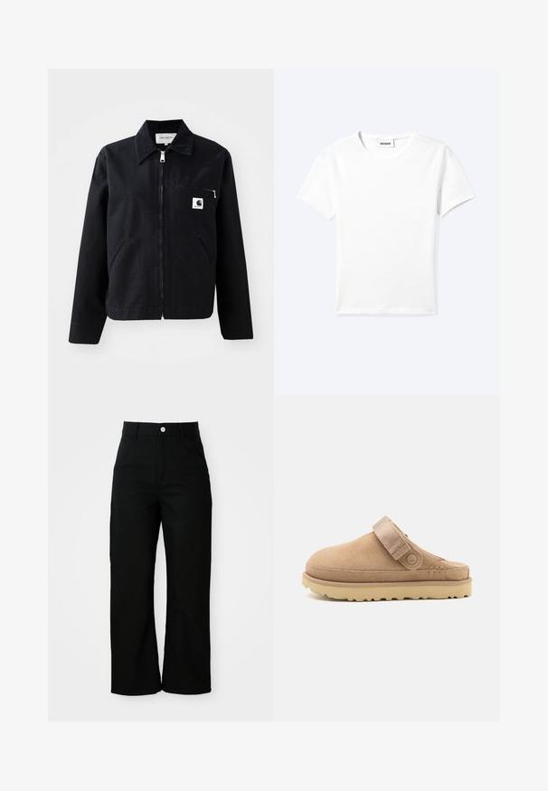 Sort canvasjakke med lynlås foran, krave, to sidelommer og en brystlomme. Har et lille hvidt firkantet logo på lommen.; Ensfarvet hvid t-shirt med korte ærmer og rund halsudskæring med en lille "WEEKDAY" label indeni halskanten, vist fladt på en lys baggrund.; Sorte højtaljede bukser med lige ben, forlommer, bæltestropper og sølvfarvet knaplukning på hvid baggrund.; Beige suedeklums med en tekstureret overdel, justerbar rem og en solid gummisål med en skridsikker mønster.