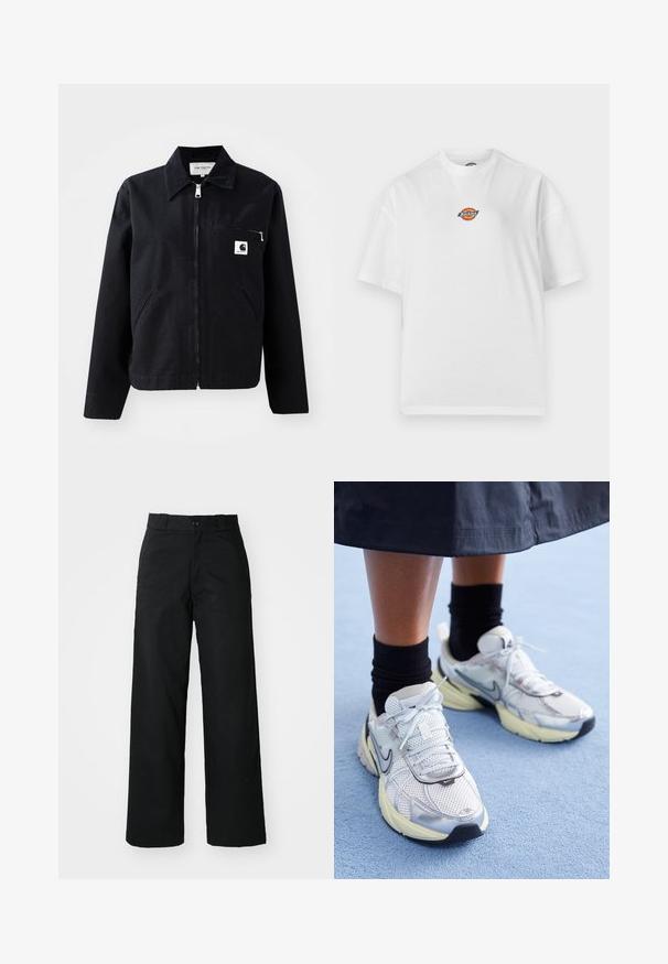 Sort canvasjakke med lynlås foran, krave, to sidelommer og en brystlomme. Har et lille hvidt firkantet logo på lommen.; Hvid T-shirt med korte ærmer og rund hals, med en lille farverig Dickies-logo placeret midt på brystet mod en ensfarvet baggrund.; Sorte vide bukser med flad front, knaplukning og bæltestropper. Fremstillet af holdbart stof med en glat tekstur.; Hvide og sølv Nike sneakers med mesh-stof, reflekterende detaljer og en beige sål. Bæres med sorte sokker og står på en blå overflade.