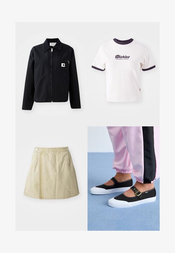 Chaqueta de lona negra con cierre de cremallera en la parte delantera, cuello, dos bolsillos laterales y un bolsillo en el pecho. Presenta un pequeño logo cuadrado blanco en el bolsillo.; Camiseta blanca con cuello y mangas de canalé en azul marino oscuro. Presenta un gran logo de texto gráfico en azul marino oscuro que dice "Dickies WORKWEAR COMPANY."; Minifalda caqui hecha de tela suave, con un cierre de botón lateral, textura lisa y una silueta ligeramente acampanada con un dobladillo por encima de la rodilla.; Zapatillas de lona negras con suela blanca, con un diseño recortado y una correa con hebilla dorada. Combinadas con pantalones de chándal rosas.