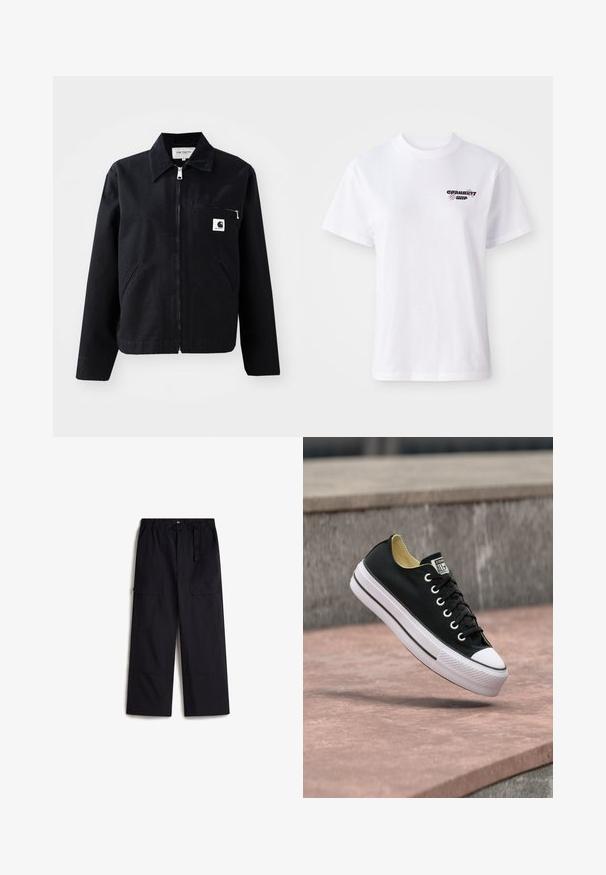 Chaqueta de lona negra con cierre de cremallera en la parte delantera, cuello, dos bolsillos laterales y un bolsillo en el pecho. Presenta un pequeño logo cuadrado blanco en el bolsillo.; Camiseta blanca de manga corta con cuello redondo, con un pequeño logo negro y morado de Carhartt WIP en el lado izquierdo del pecho.; Pantalones cargo negros con una cintura elástica, cinturón ajustable y dos bolsillos laterales. Hechos de una tela ligera y texturizada.; Zapatilla negra de corte bajo con suela y puntera de goma blanca, situada sobre una superficie de hormigón rosa cerca de un banco de piedra gris.