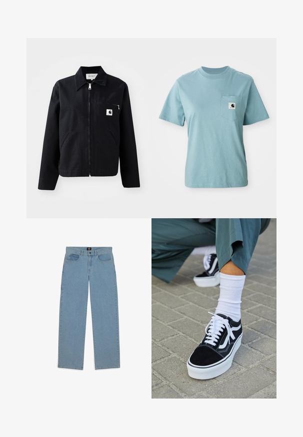 Sort canvasjakke med lynlås foran, krave, to sidelommer og en brystlomme. Har et lille hvidt firkantet logo på lommen.; Lyseblå kortærmet bomulds T-shirt med brystlomme og et lille sort-hvidt Carhartt logo patch.; Lysblå jeans, løs pasform, denimstof, fem-lomme design, knaplukning, lige ben, synligt syninger, ingen mønstre eller accenter.; Sorte ruskinds sneakers med hvide accenter og snørebånd, der har en tyk hvid sål og kontrasterende syninger, parret med en hvid sok.