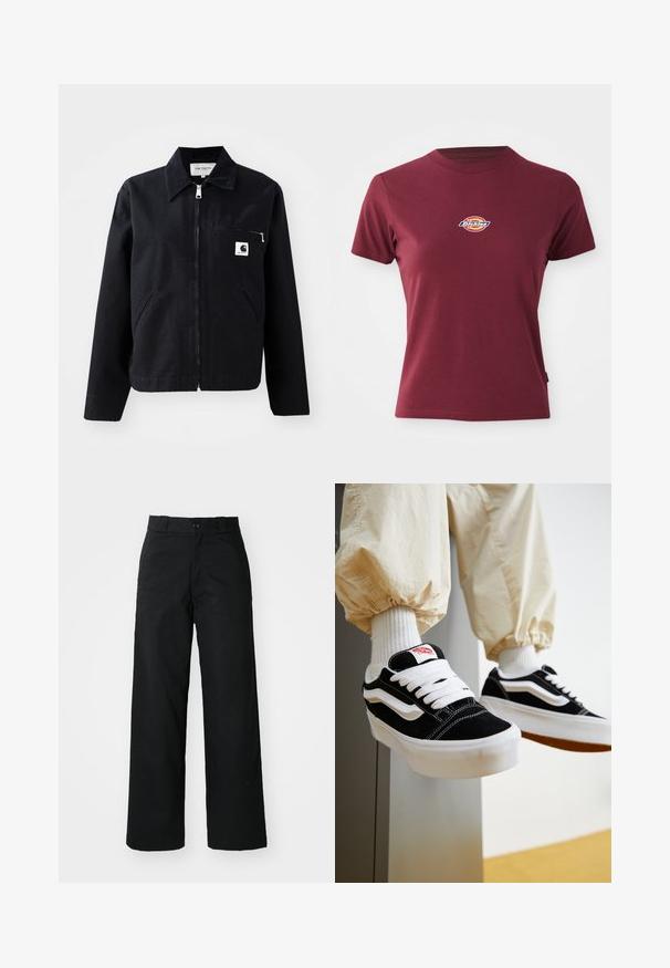 Sort canvasjakke med lynlås foran, krave, to sidelommer og en brystlomme. Har et lille hvidt firkantet logo på lommen.; Bordeaux kortærmet t-shirt lavet af bomuld med rund halsudskæring og et lille multicoloreret "Dickies" logo på brystet.; Sorte vide bukser med flad front, knaplukning og bæltestropper. Fremstillet af holdbart stof med en glat tekstur.; Person iført sorte og hvide Vans sneakers med hvide snørebånd, hvide sokker og beige bukser med elastiske manchetter.