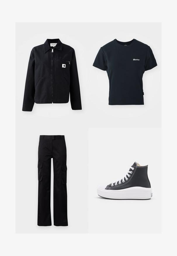 Schwarze Canvasjacke mit Reißverschluss, Kragen, zwei Seitentaschen und einer Brusttasche. Verfügt über ein kleines weißes quadratisches Logo auf der Tasche.; Schwarzes Baumwoll-T-Shirt mit kurzen Ärmeln, Rundhalsausschnitt und kleinem weißen gesticktem Logo auf der Brust. Klassisches, tailliertes Design.; Schwarze Cargo-Hosen aus strapazierfähigem Stoff, mit zwei Seitentaschen und geradem Bein Design. Glatte Textur mit klassischer Passform.; Schwarzer High-Top Sneaker mit weißen Schnürsenkeln und Gummisohle. Verfügt über eine glatte Ledertextur und weiße Nähte als Akzente.