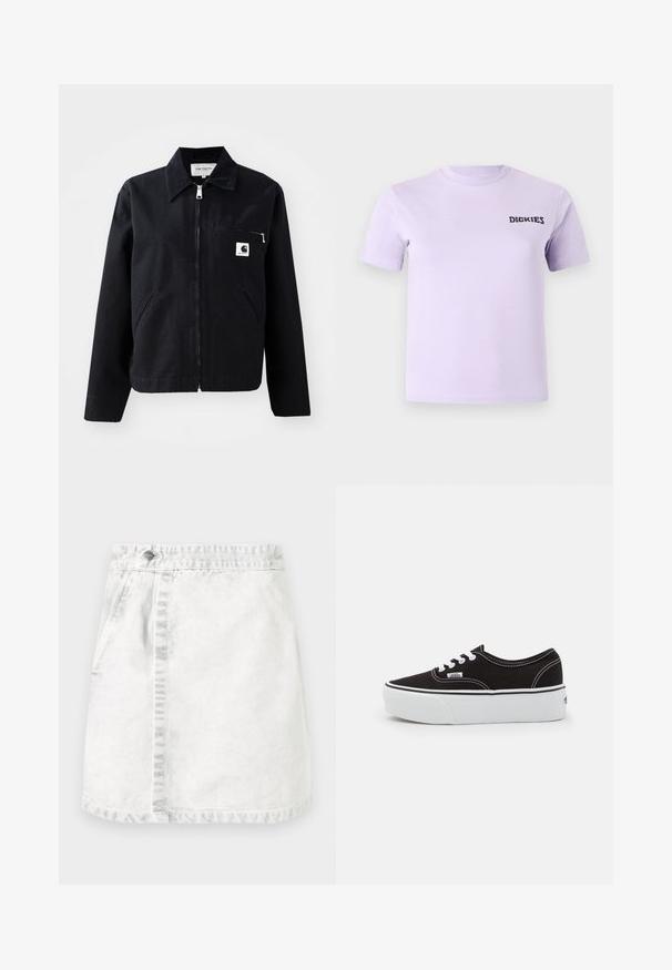 Zwarte canvasjas met een rits aan de voorkant, kraag, twee zijzakken en een borstzak. Heeft een klein wit vierkant logo op de zak.; Lavendel katoenen t-shirt met korte mouwen en een ronde hals. Heeft een zwart "DICKIES" logo op de borst. Soepele textuur.; Denimrok in lichtgrijs. A-lijn ontwerp met voorzakken, een zichtbare naad in het midden en een enkele metalen knop op de tailleband.; Zwarte canvas sneaker met een witte rubberen platformzool, voorzien van witte veters en stiksels, iconische branding op de zijkant, low-top ontwerp.