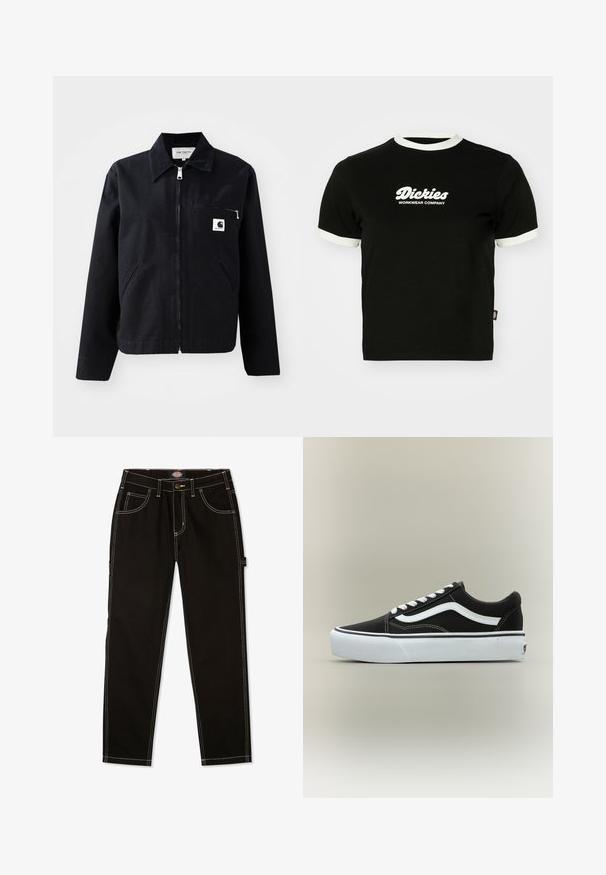 Sort canvasjakke med lynlås foran, krave, to sidelommer og en brystlomme. Har et lille hvidt firkantet logo på lommen.; Sort bomulds t-shirt med hvid ribbet halsudskæring og ærmekanter. Har hvidt logo-tekst på forsiden: "Dickies Workwear Company." Korte ærmer.; Sorte denimbukser med kontrastfarvet hvid syning, fem lommer og en flap på siden. Standard pasform, lige ben design.; Lavtop sort sneaker med hvid side stribe, hvide snørebånd, hvid gummisål og tekstureret tåhætte på neutral baggrund.