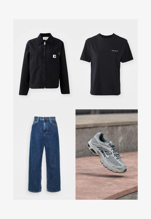 Zwarte canvasjas met een rits aan de voorkant, kraag, twee zijzakken en een borstzak. Heeft een klein wit vierkant logo op de zak.; Zwarte katoenen t-shirt met ronde hals, korte mouwen en wit "carhartt" logo op de linkerkant van de borst. Glad oppervlak, standaard pasvorm.; Lichtblauwe denim wijde broek met hoge taille, zichtbare stiksels en standaard zakken. Voorzien van een knoop- en ritssluiting.; Lichtgrijze en witte Nike hardloopschoen met mesh-ontwerp, zwevend boven een stenen oppervlak buiten.