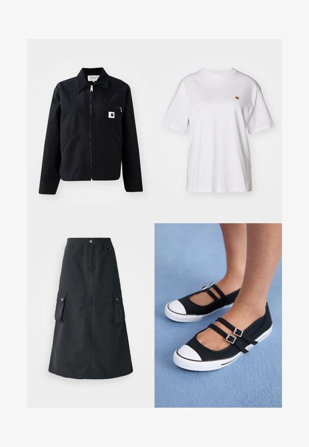 Veste en toile noire avec fermeture éclair à l'avant, col, deux poches latérales et une poche poitrine. Présente un petit logo carré blanc sur la poche.; T-shirt en coton blanc avec une coupe décontractée, des manches courtes et un petit logo brodé sur la poitrine gauche.; Jupe noire mi-mollet en tissu léger, dotée d'une taille élastique, de deux poches cargo et d'un léger brillant.; Baskets noires en toile avec deux sangles réglables, capuchon de protection en caoutchouc blanc et côtés texturés, le tout sur fond bleu.