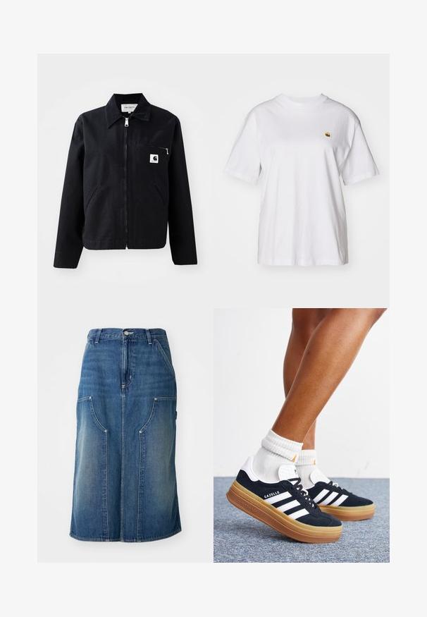 Sort canvasjakke med lynlås foran, krave, to sidelommer og en brystlomme. Har et lille hvidt firkantet logo på lommen.; Hvid bomulds-t-shirt med en afslappet pasform, korte ærmer og et lille broderet logo på venstre brystområde.; Blå denimnederdel med lige snit, forlommer og en talje med knaplukning, prydet med en falmet tekstur og sømdetaljer.; Ben iført hvide sokker og sorte Adidas Gazelle sneakers med hvide striber og tykke brune såler på et gråt tæppe.