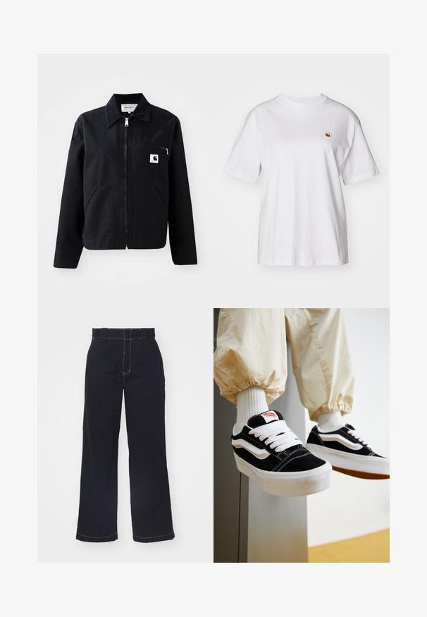 Veste en toile noire avec fermeture éclair à l'avant, col, deux poches latérales et une poche poitrine. Présente un petit logo carré blanc sur la poche.; T-shirt en coton blanc avec une coupe décontractée, des manches courtes et un petit logo brodé sur la poitrine gauche.; Pantalons larges bleu foncé en coton avec taille haute, présentant des coutures blanches contrastantes et un design épuré et simple.; Personne portant des baskets Vans noires et blanches avec des lacets blancs, des chaussettes blanches et un pantalon beige avec des poignets élastiques.