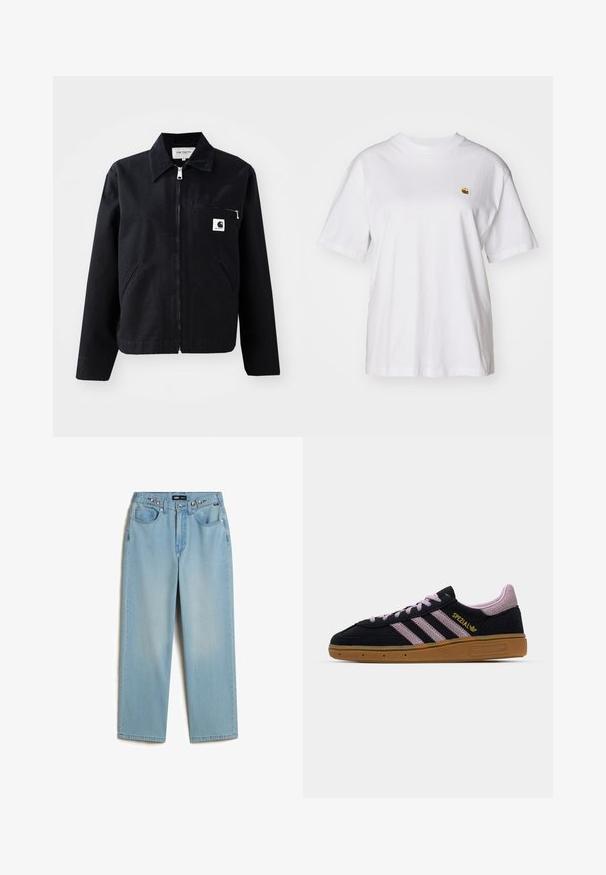 Schwarze Canvasjacke mit Reißverschluss, Kragen, zwei Seitentaschen und einer Brusttasche. Verfügt über ein kleines weißes quadratisches Logo auf der Tasche.; Weißes Baumwoll-T-Shirt mit lockerem Schnitt, kurzen Ärmeln und einem kleinen gestickten Logo auf der linken Brustseite.; Vans CINCHED CHECK - Baggy Jeans - light stonewash; Schwarze und rosa Wildleder-Sneaker mit Gummisohle, drei rosa Streifen, goldenem "SPEZIAL"-Branding und strukturiertem Gummiuntergrund. Niedrigschnitt-Design.