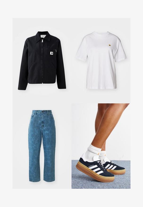 Schwarze Canvasjacke mit Reißverschluss, Kragen, zwei Seitentaschen und einer Brusttasche. Verfügt über ein kleines weißes quadratisches Logo auf der Tasche.; Weißes Baumwoll-T-Shirt mit lockerem Schnitt, kurzen Ärmeln und einem kleinen gestickten Logo auf der linken Brustseite.; Hellblaue Jeans aus Denim mit subtiler gemusterter Textur, hoher Taille und geradem Bein. Mit einem vorderen Knopf- und Reißverschluss.; Beine mit weißen Socken und schwarzen Adidas Gazelle Sneakers mit weißen Streifen und dicken braunen Sohlen auf einem grauen Teppichboden.